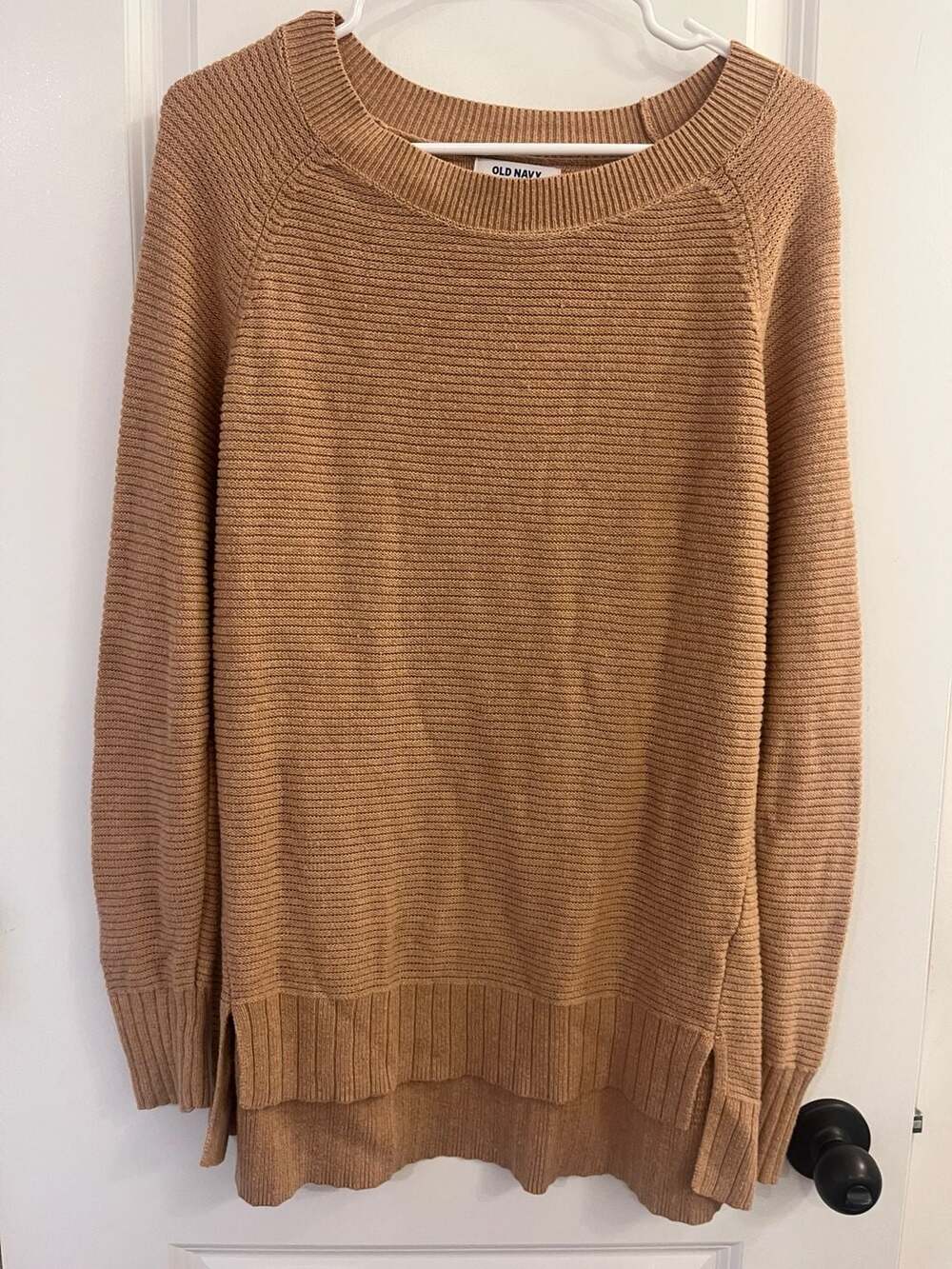 Old Navy Women's Camel Tan Ribbed Knit Tunic Sweater with Side Slits
